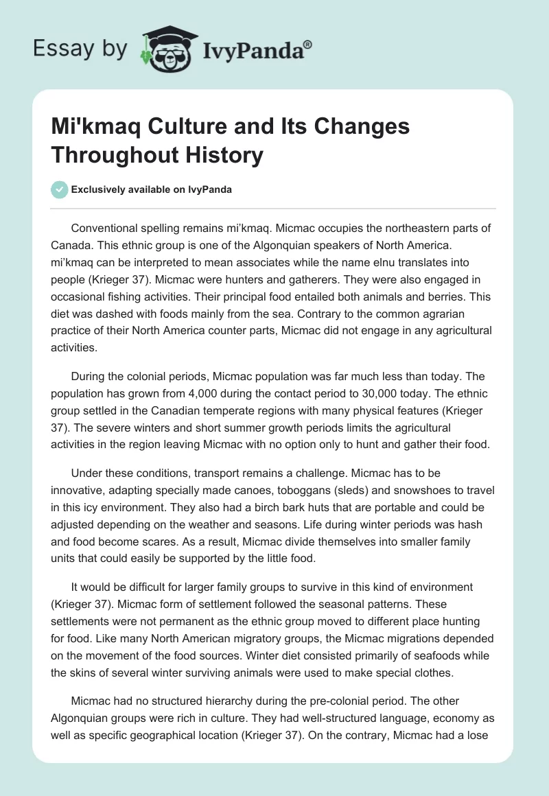 Miꞌkmaq Culture and Its Changes Throughout History. Page 1