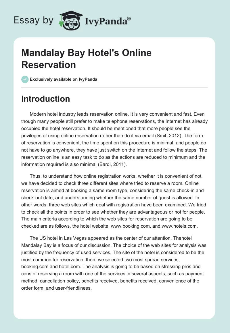 Mandalay Bay Hotel's Online Reservation. Page 1