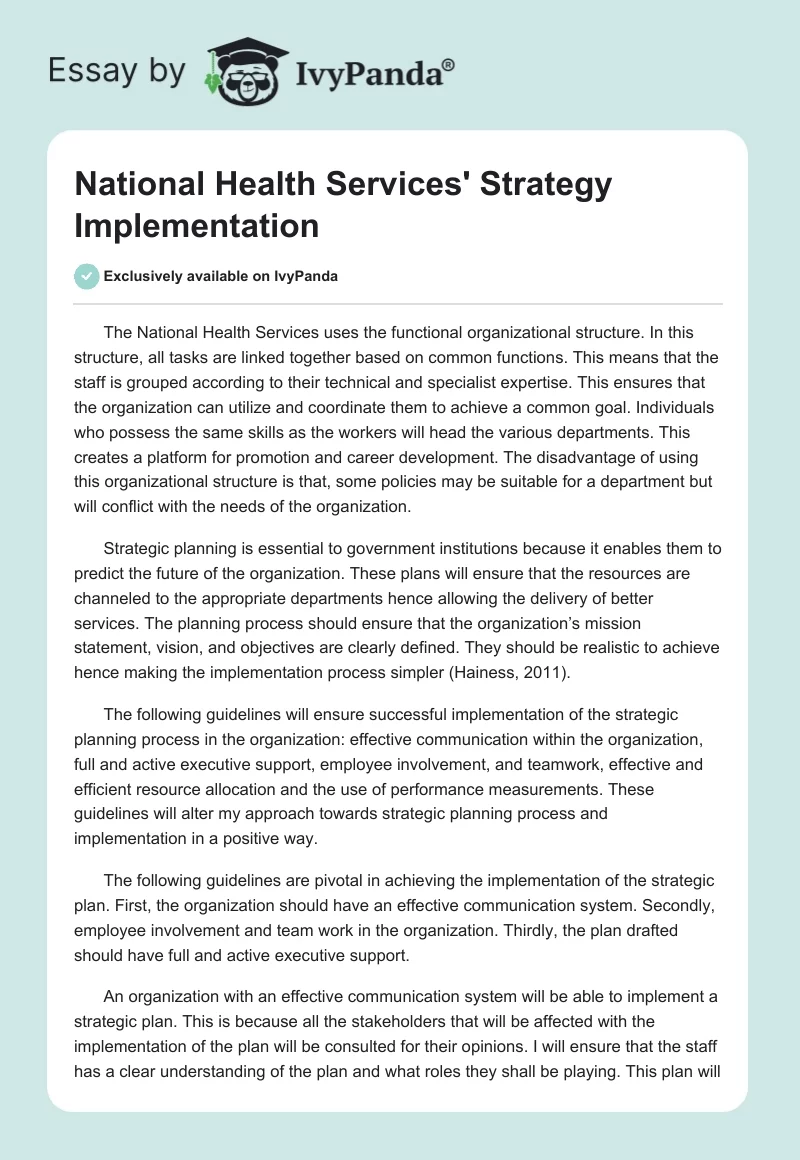 National Health Services' Strategy Implementation. Page 1