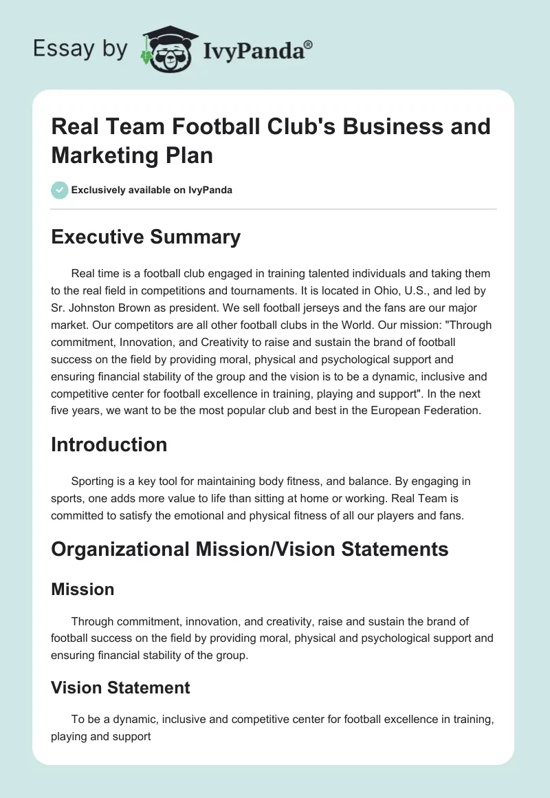 Real Team Football Club's Business and Marketing Plan. Page 1