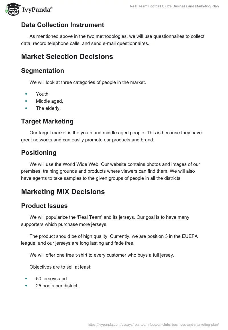 Real Team Football Club's Business and Marketing Plan. Page 4