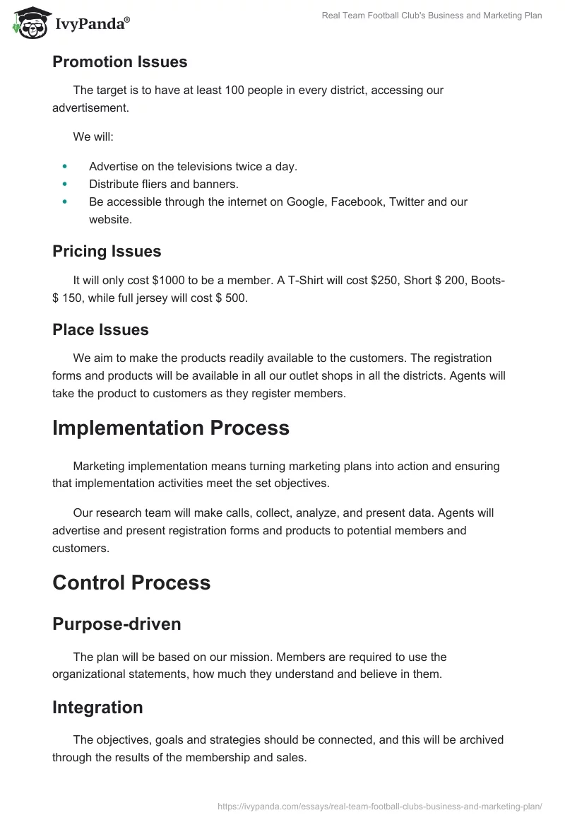 Real Team Football Club's Business and Marketing Plan. Page 5