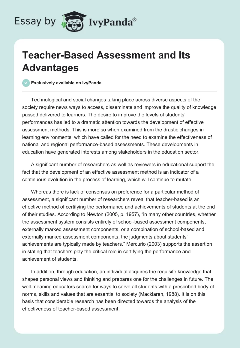 Teacher-Based Assessment and Its Advantages. Page 1