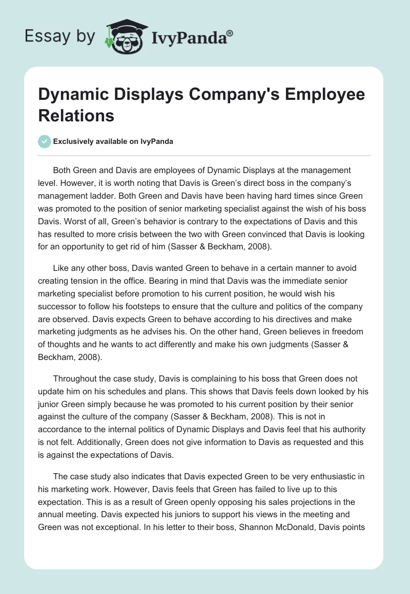 Dynamic Displays Company's Employee Relations. Page 1