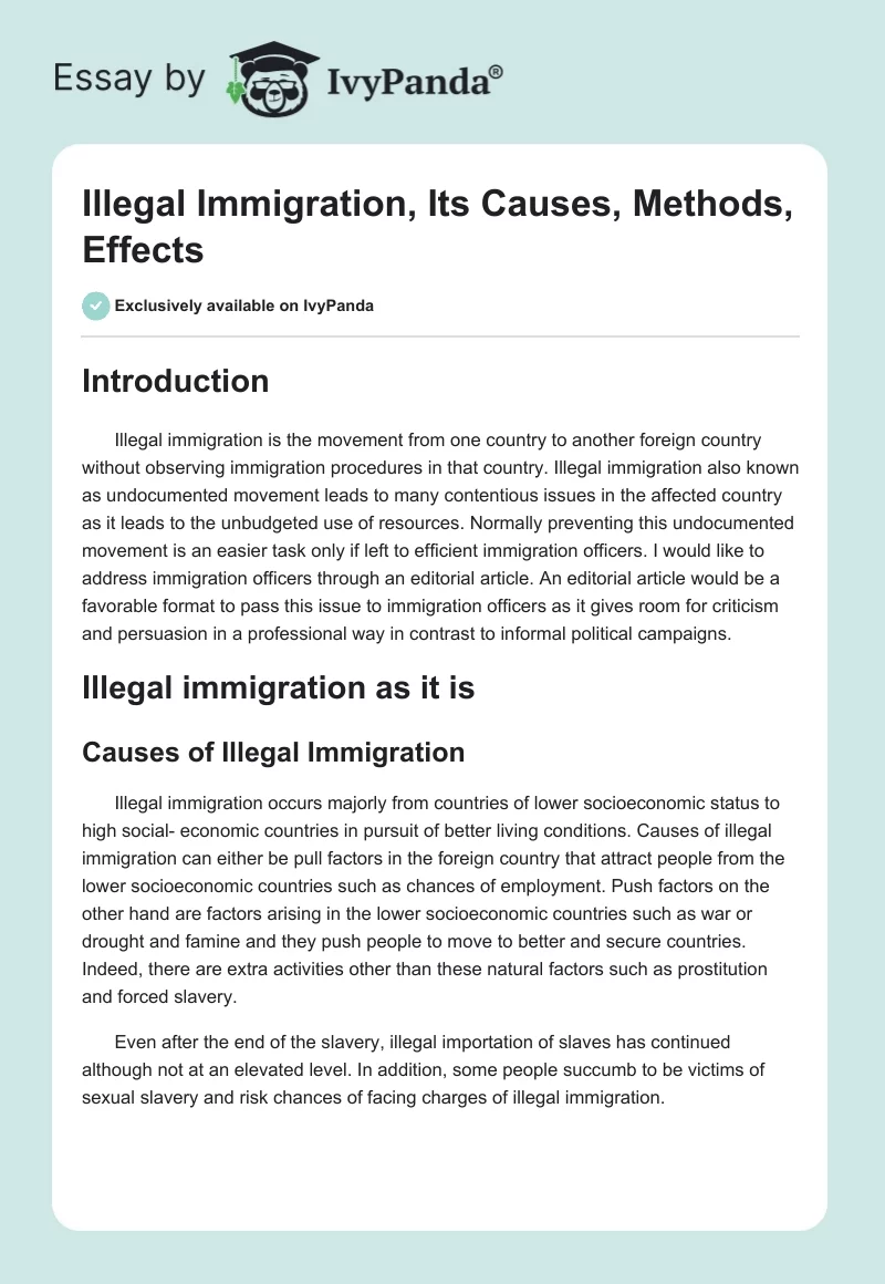 Illegal Immigration, Its Causes, Methods, Effects. Page 1