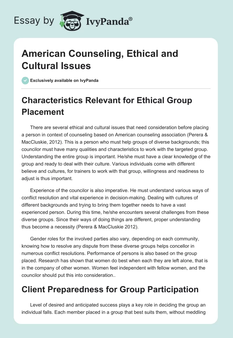 American Counseling, Ethical and Cultural Issues. Page 1