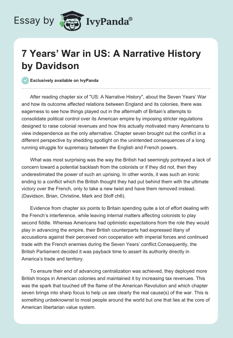 7 Years’ War in "US: A Narrative History" by Davidson. Page 1