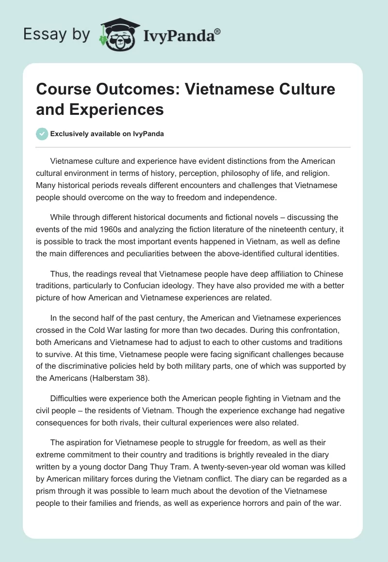 Course Outcomes: Vietnamese Culture and Experiences. Page 1