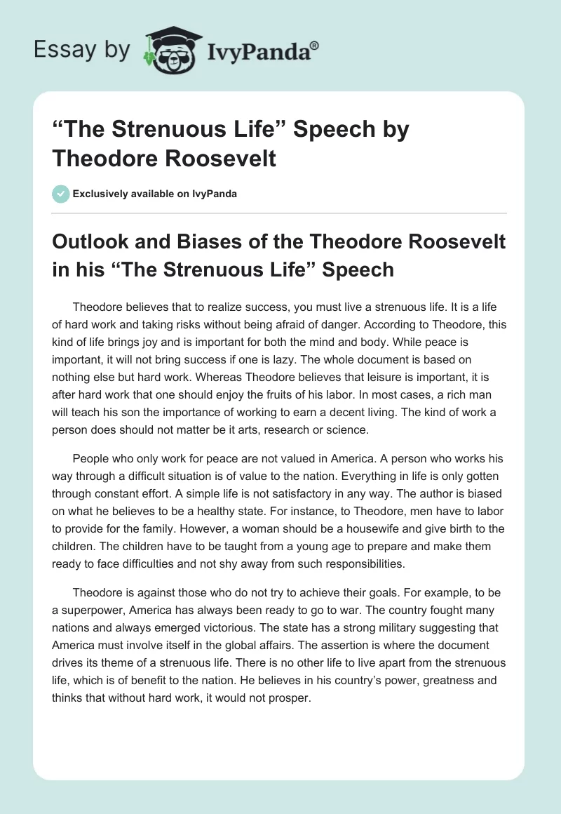 “The Strenuous Life” Speech by Theodore Roosevelt. Page 1