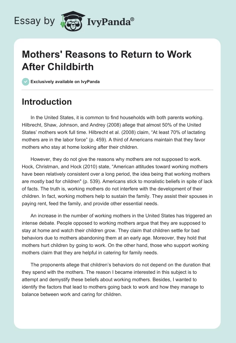 Mothers' Reasons to Return to Work After Childbirth. Page 1