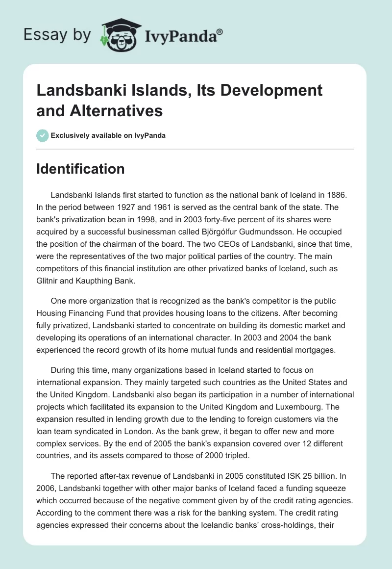 Landsbanki Islands, Its Development and Alternatives. Page 1