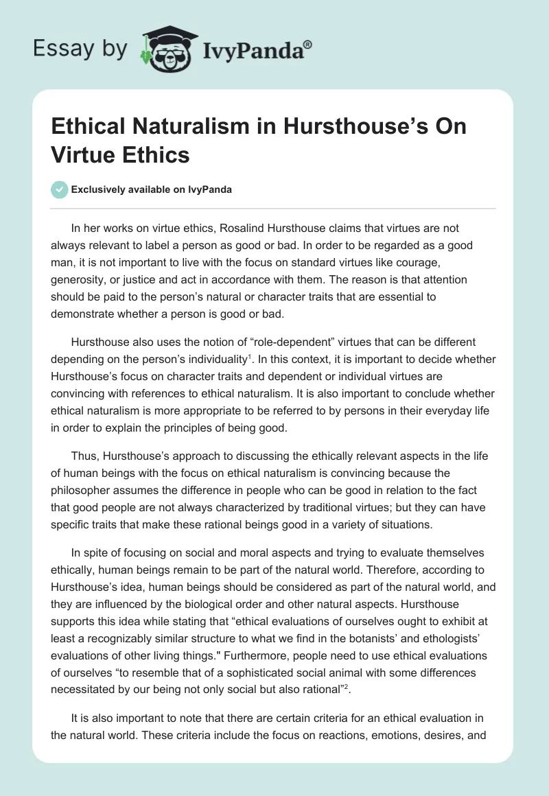 Ethical Naturalism in Hursthouse’s "On Virtue Ethics". Page 1