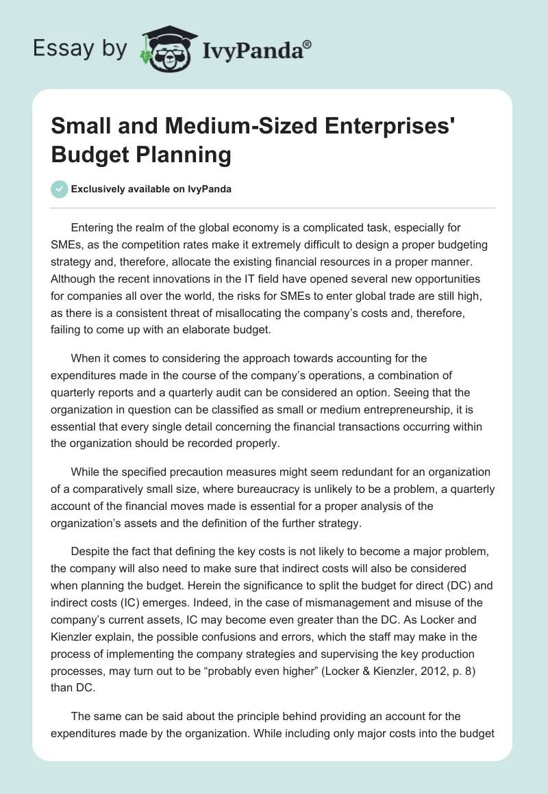 Small and Medium-Sized Enterprises' Budget Planning. Page 1