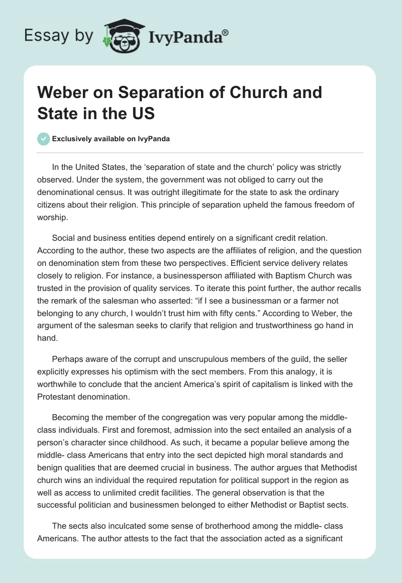 Weber on Separation of Church and State in the US. Page 1