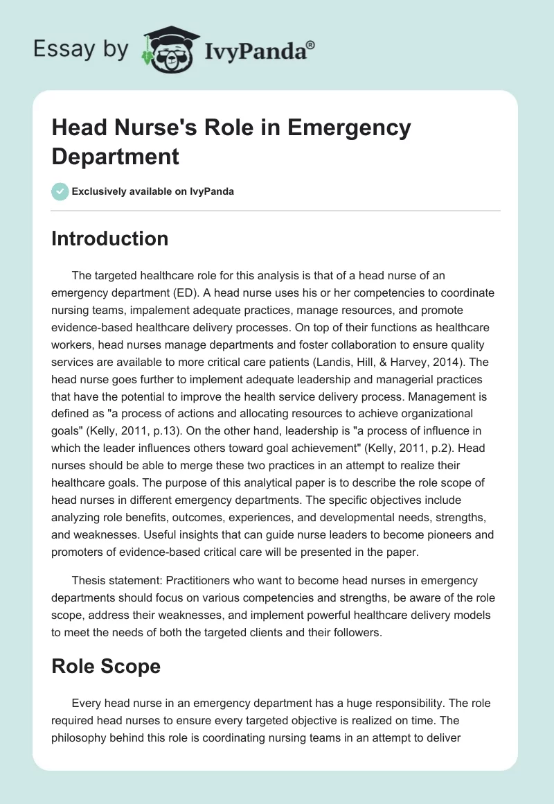 Head Nurse's Role in Emergency Department. Page 1
