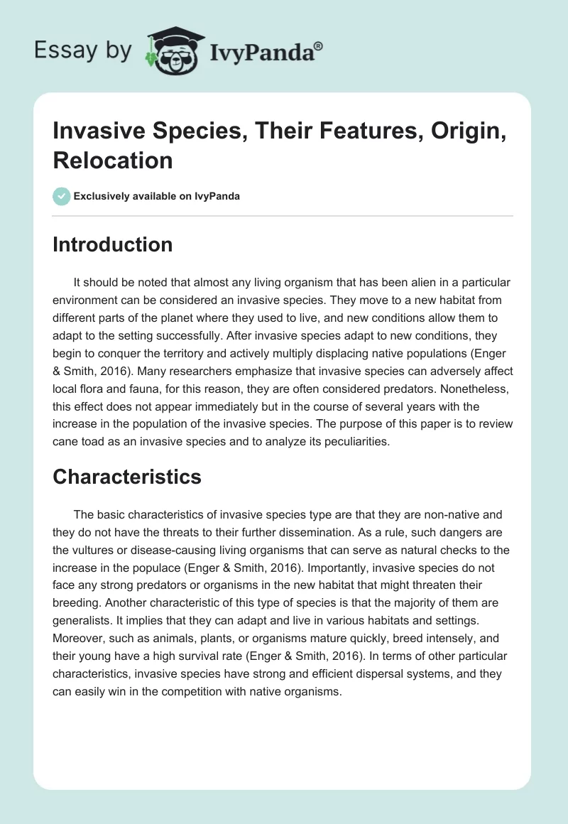 Invasive Species, Their Features, Origin, Relocation. Page 1
