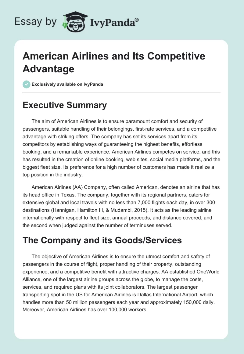 American Airlines Competitive Advantage: Report Example. Page 1