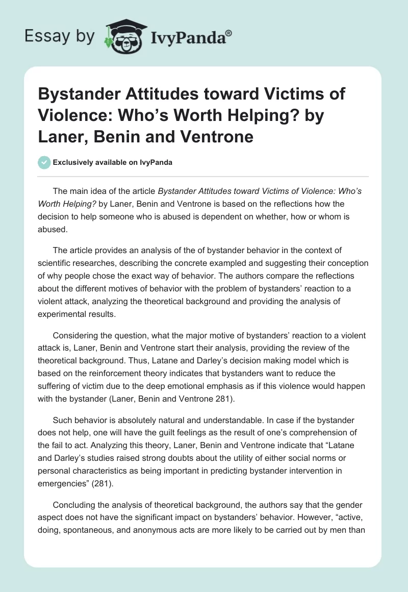 Bystander Attitudes toward Victims of Violence: Who’s Worth Helping? by Laner, Benin and Ventrone. Page 1