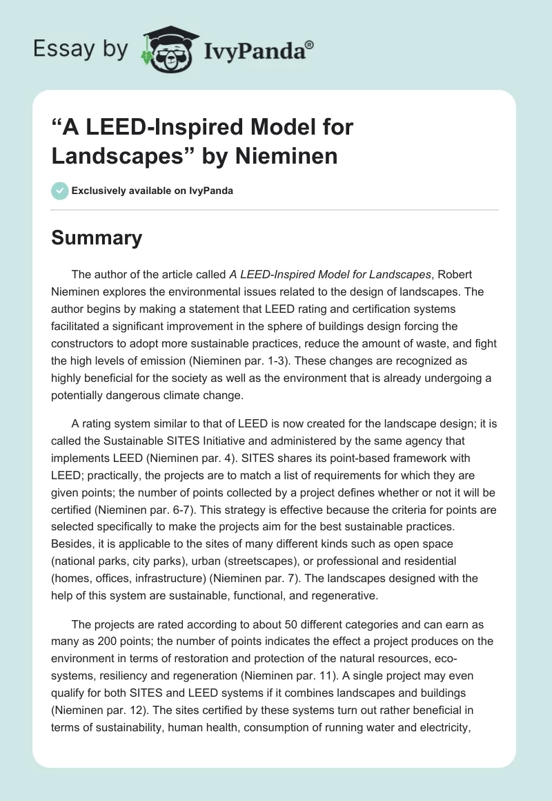 “A LEED-Inspired Model for Landscapes” by Nieminen. Page 1
