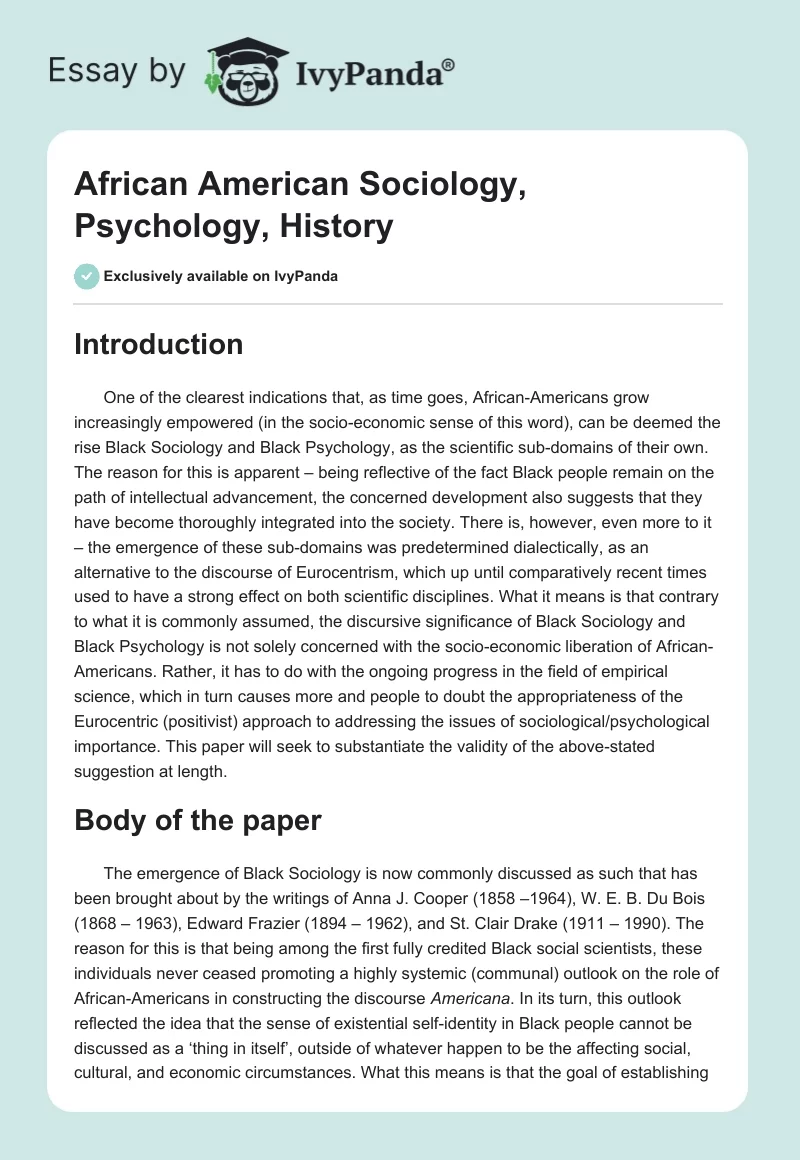 African American Sociology, Psychology, History. Page 1