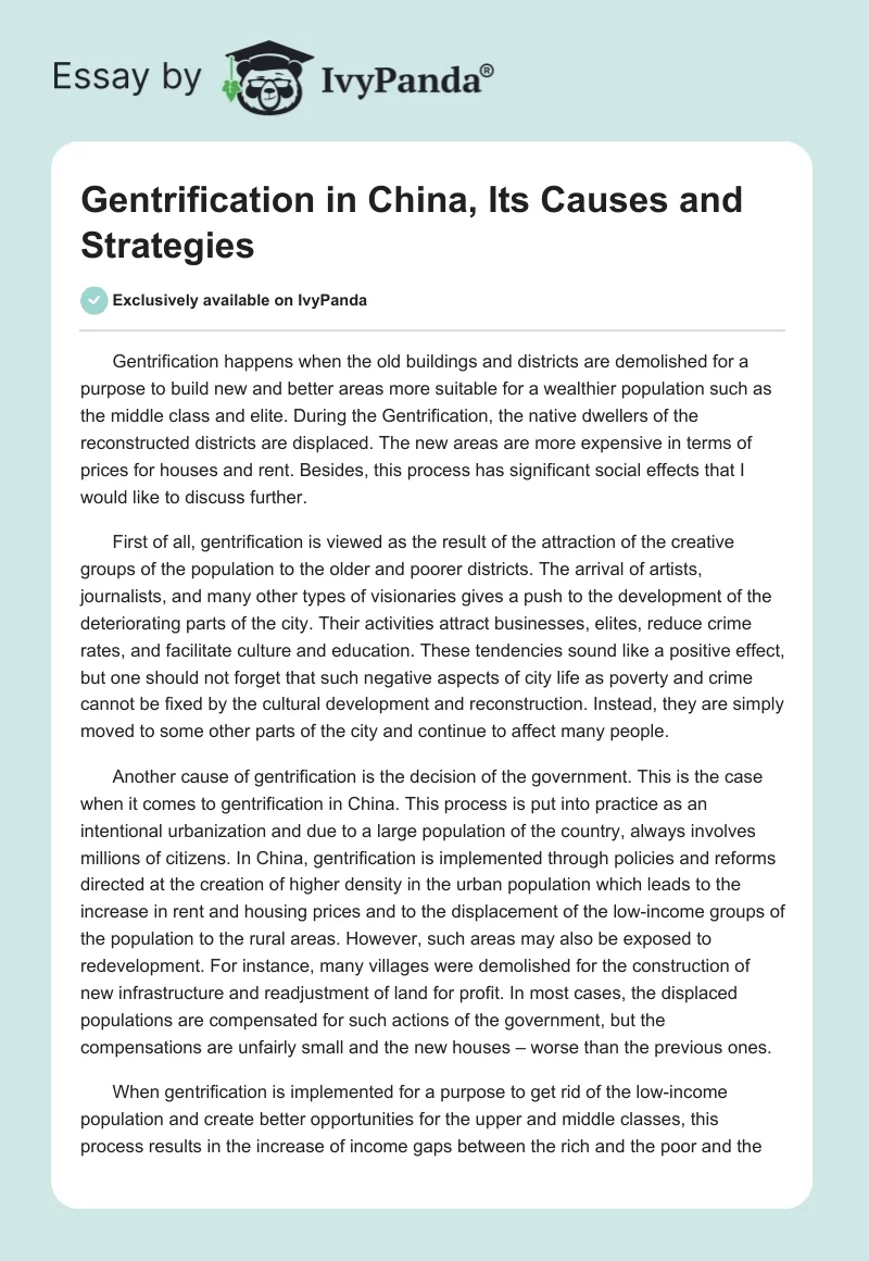 Gentrification in China, Its Causes and Strategies. Page 1