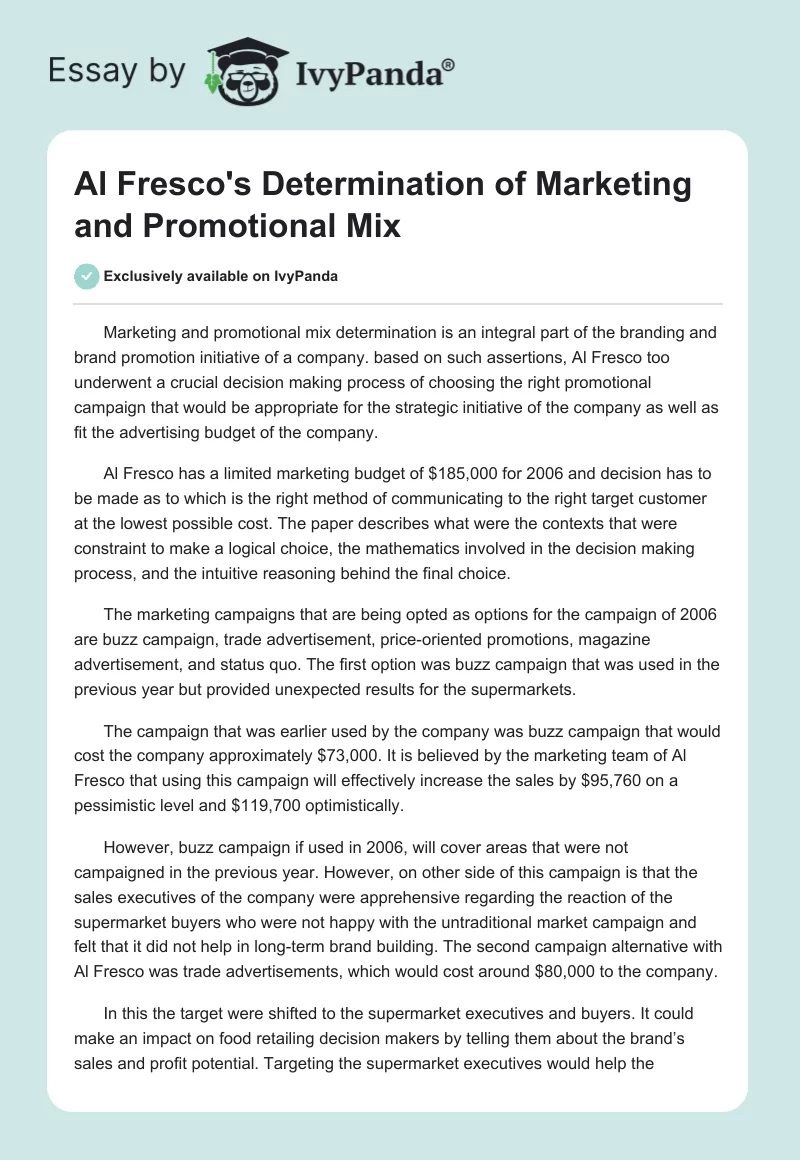 Al Fresco's Determination of Marketing and Promotional Mix. Page 1