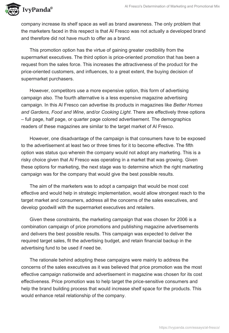Al Fresco's Determination of Marketing and Promotional Mix. Page 2
