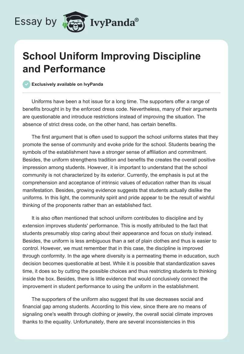 School Uniform Improving Discipline and Performance. Page 1