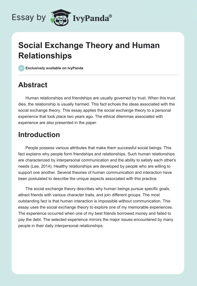Social Exchange Theory and Human Relationships. Page 1