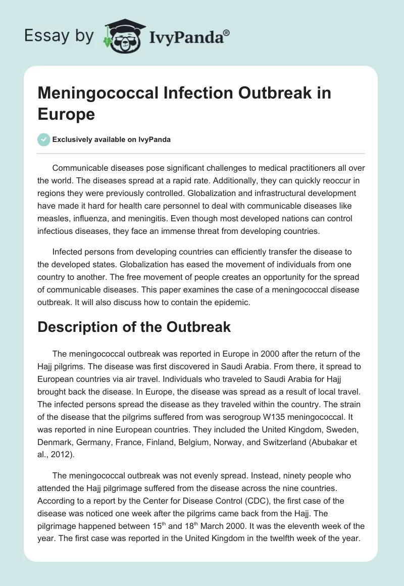 Meningococcal Infection Outbreak in Europe. Page 1
