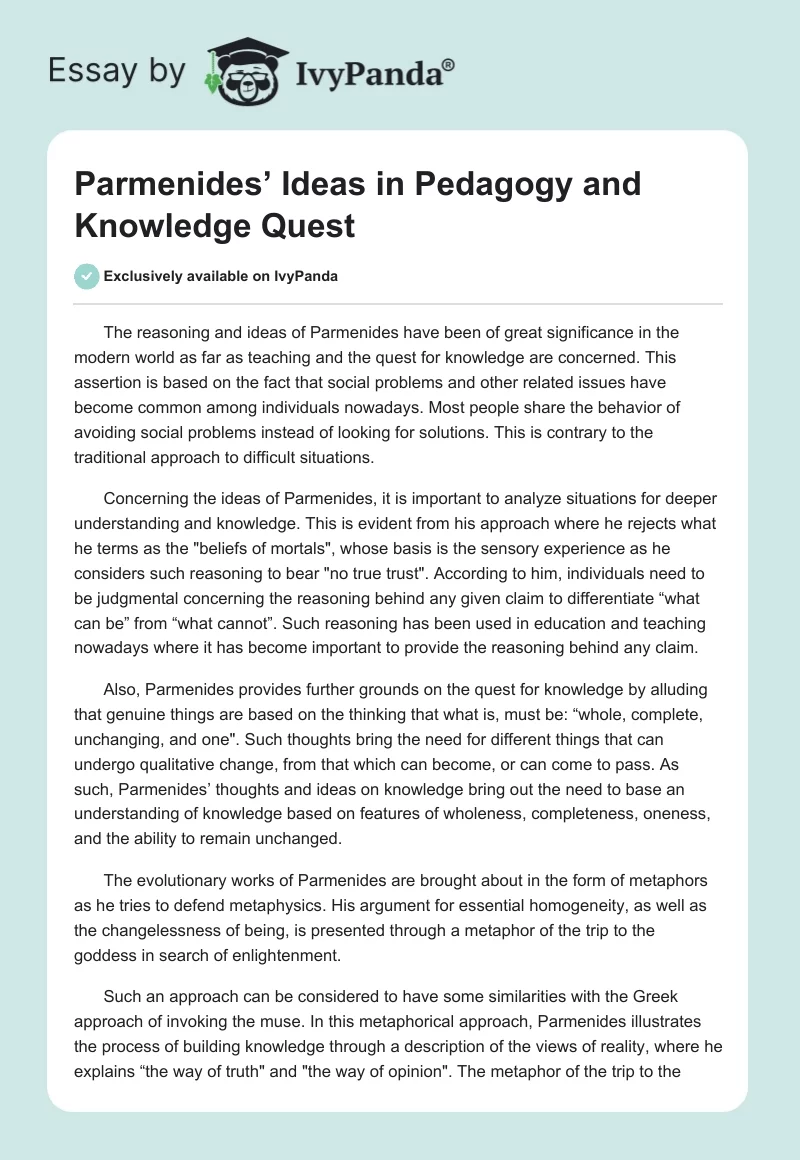 Parmenides’ Ideas in Pedagogy and Knowledge Quest. Page 1