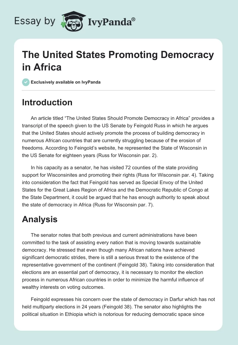 The United States Promoting Democracy in Africa. Page 1