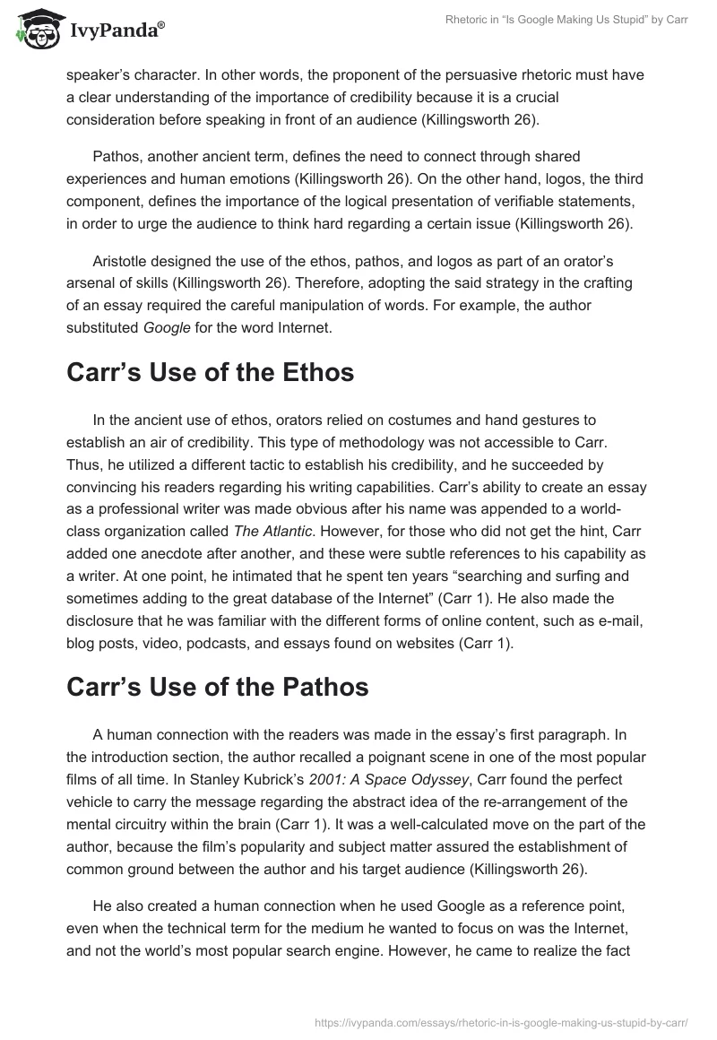 Rhetoric in “Is Google Making Us Stupid” by Carr. Page 2