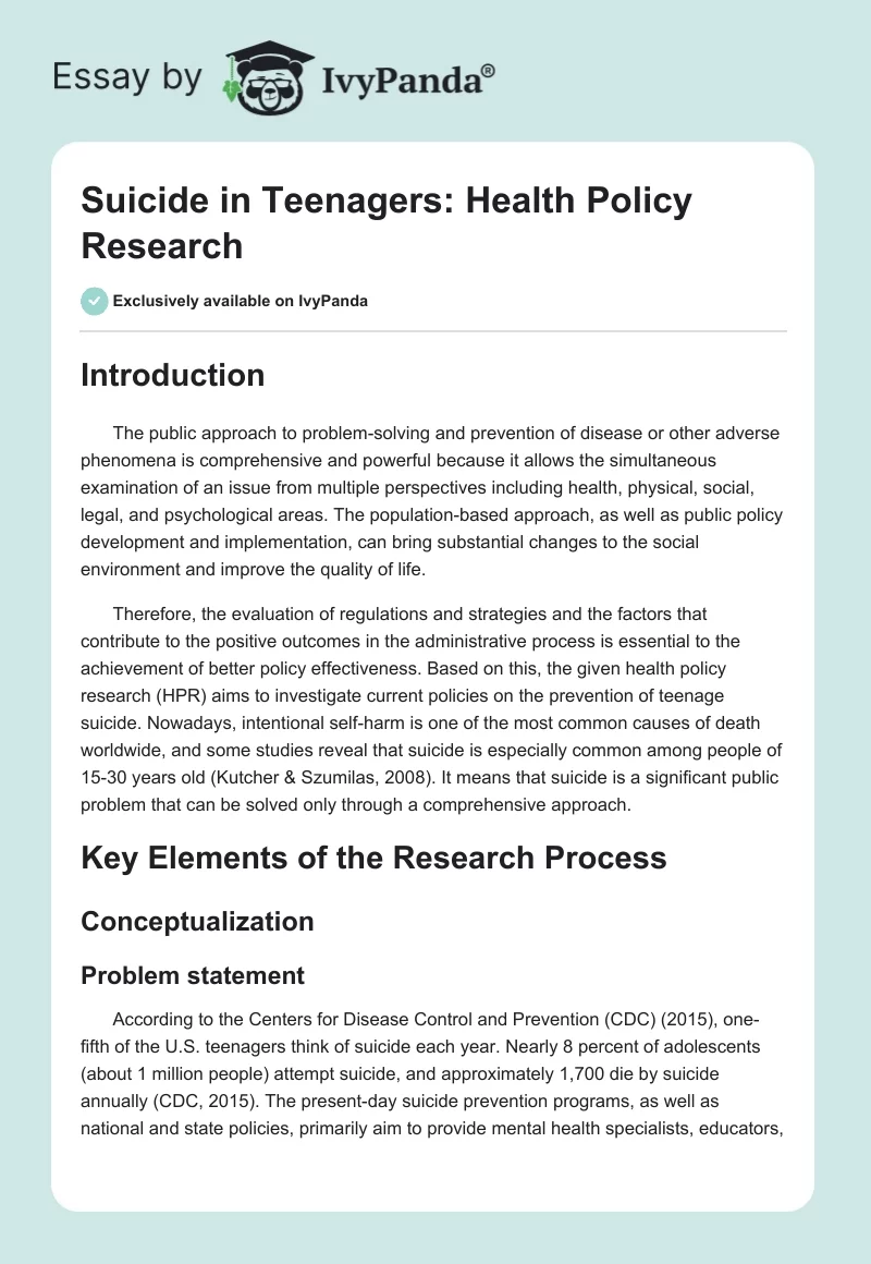 Suicide in Teenagers: Health Policy Research. Page 1