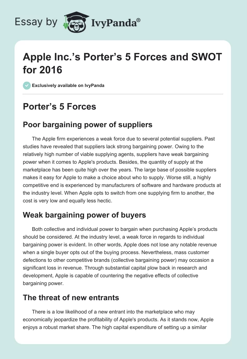 Apple Inc.’s Porter’s 5 Forces and SWOT for 2016. Page 1