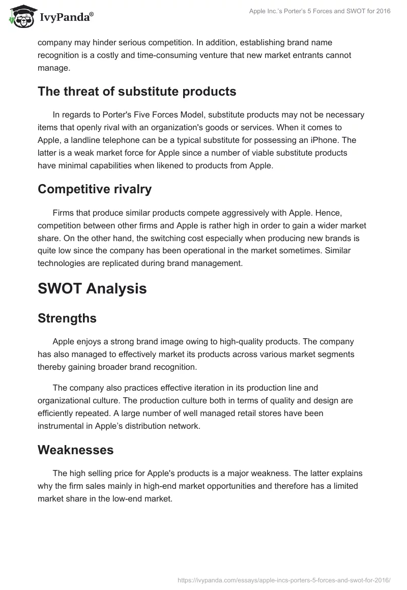 Apple Inc.’s Porter’s 5 Forces and SWOT for 2016. Page 2