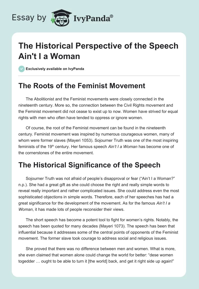 The Historical Perspective of the Speech "Ain't I a Woman". Page 1