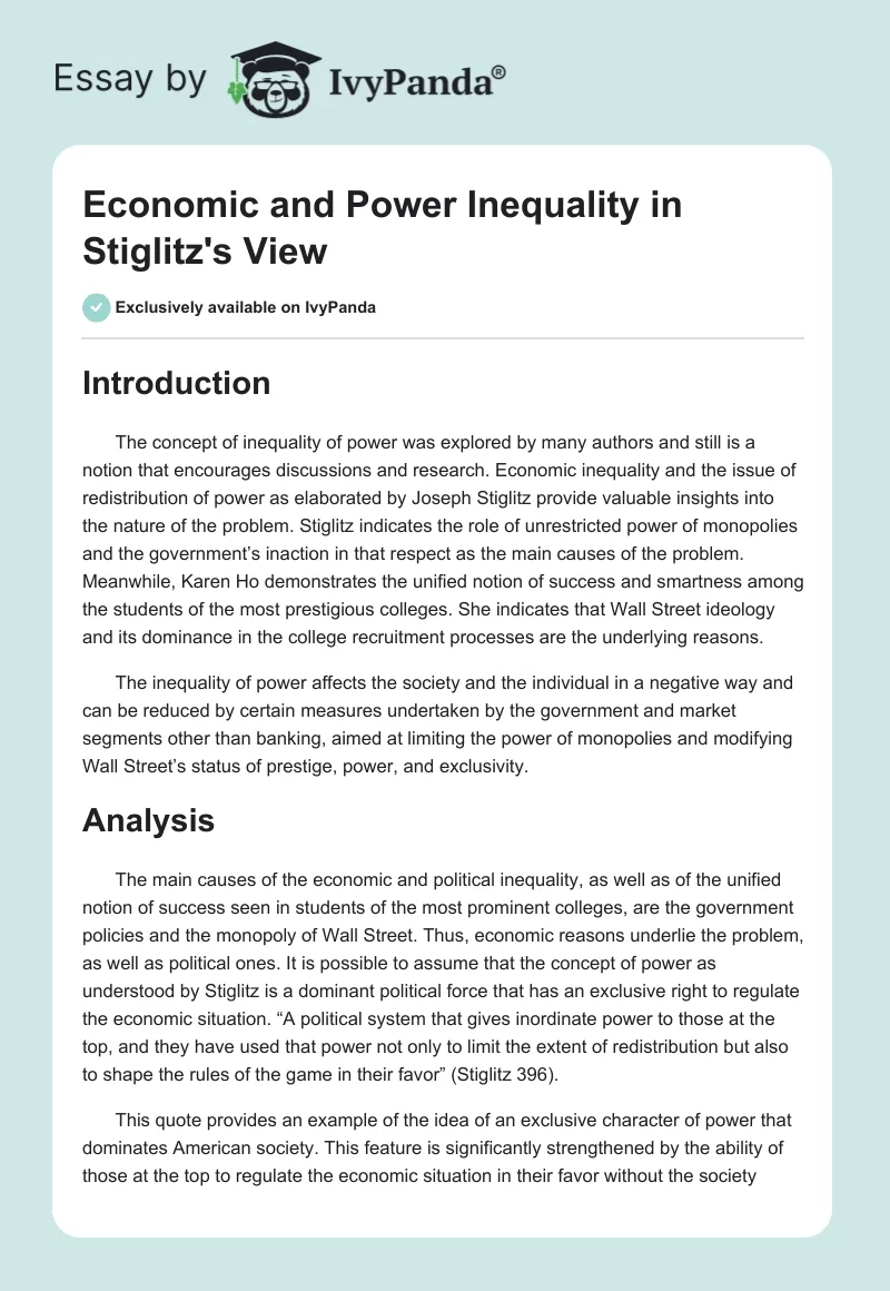 Economic and Power Inequality in Stiglitz's View. Page 1