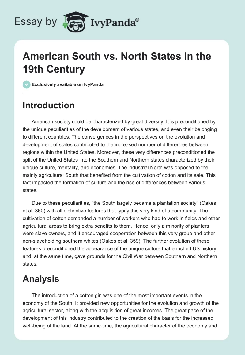American South vs. North States in the 19th Century. Page 1