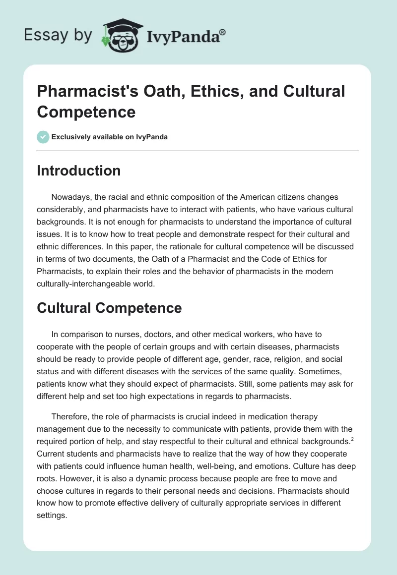 Pharmacist's Oath, Ethics, and Cultural Competence. Page 1