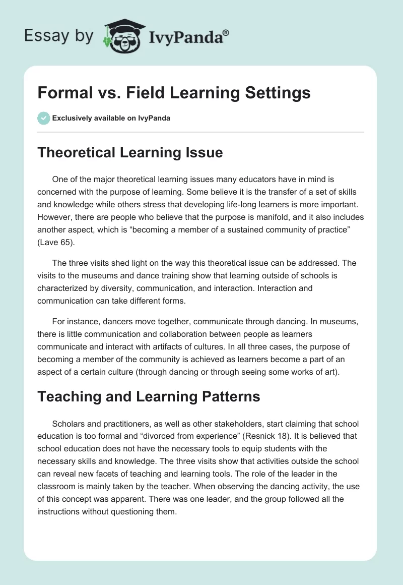 Formal vs. Field Learning Settings. Page 1