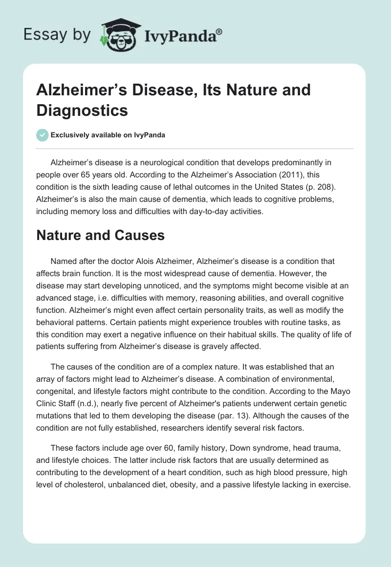 Alzheimer’s Disease, Its Nature and Diagnostics. Page 1