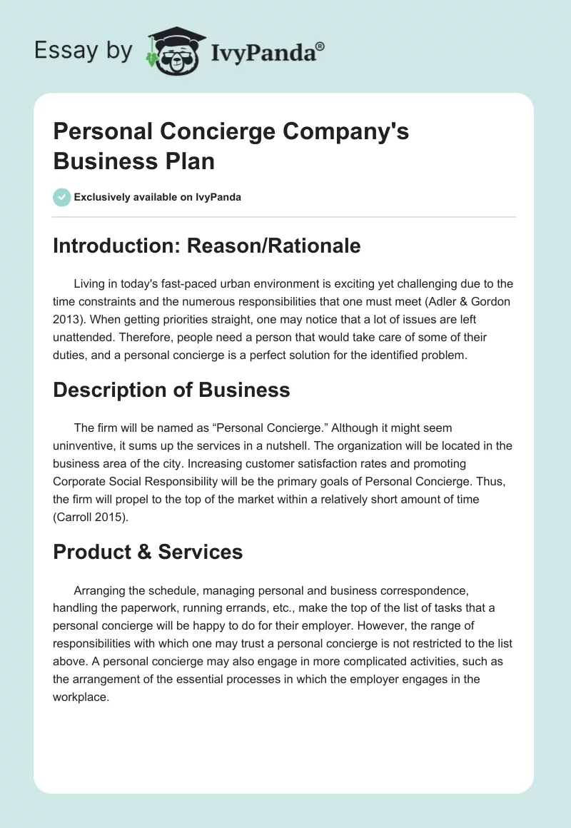 Personal Concierge Company's Business Plan. Page 1