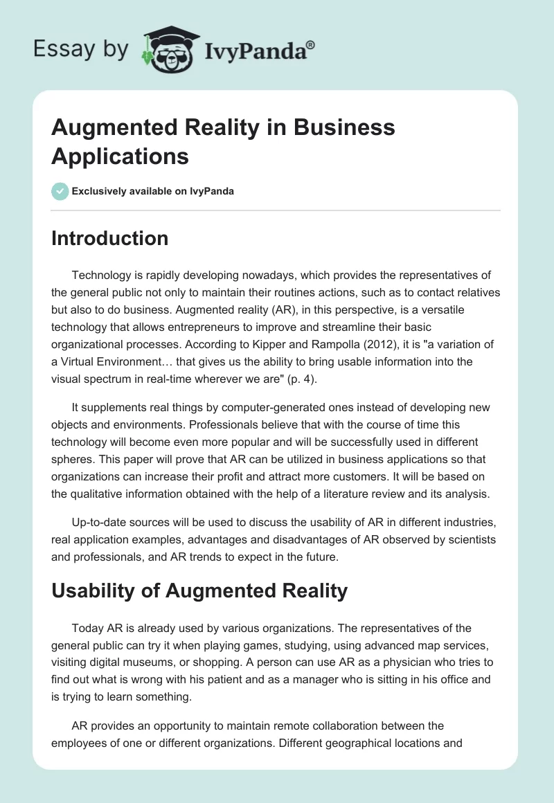Augmented Reality in Business Applications. Page 1