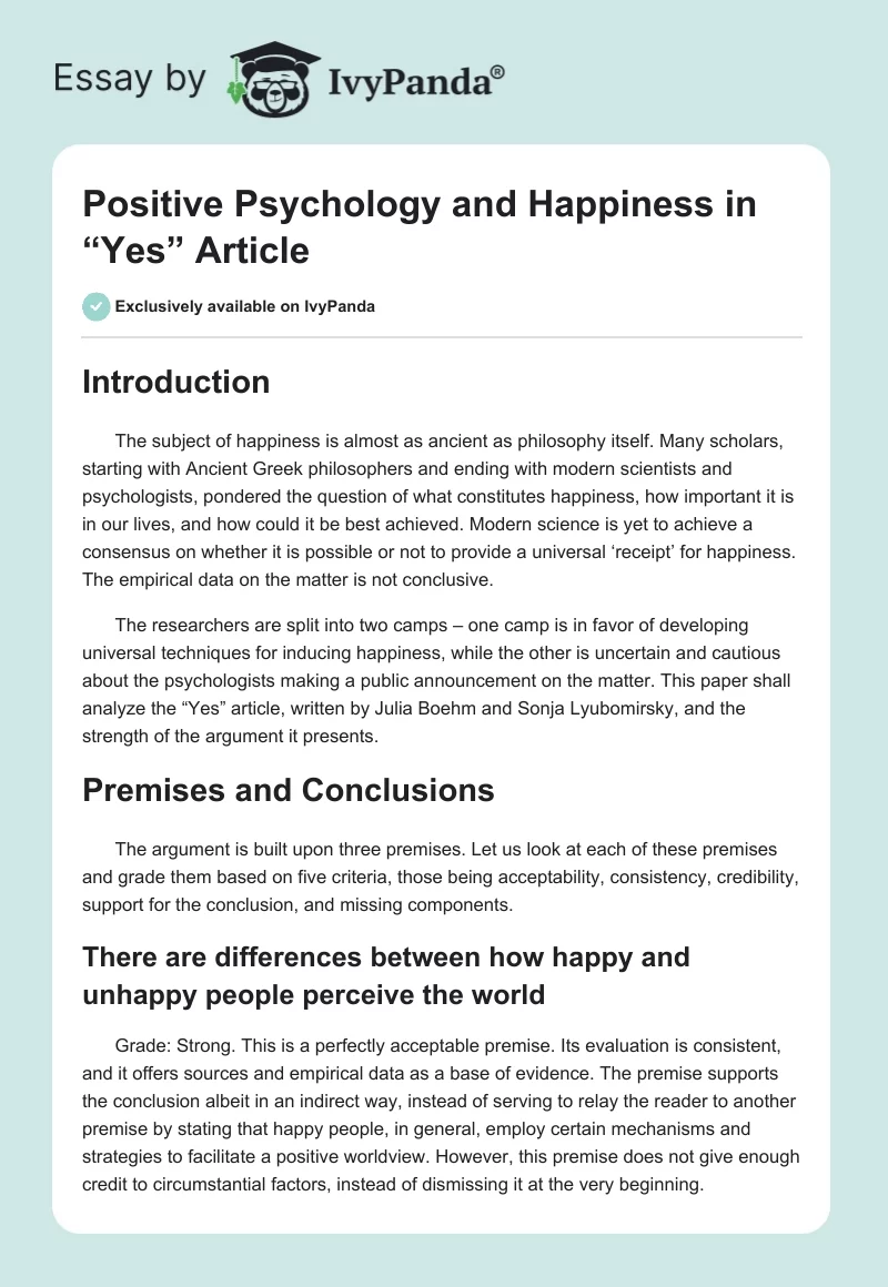 Positive Psychology and Happiness in “Yes” Article. Page 1