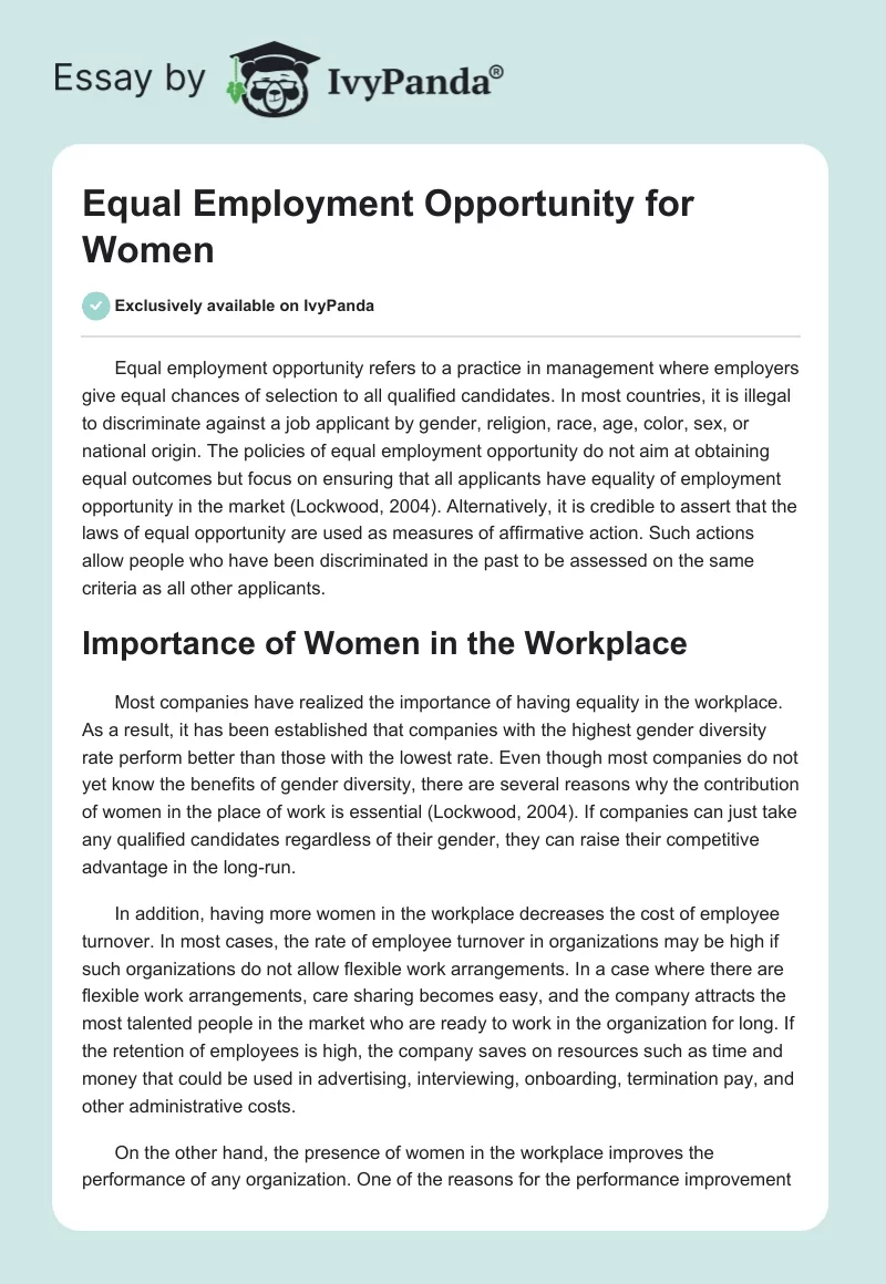 Equal Employment Opportunity for Women. Page 1