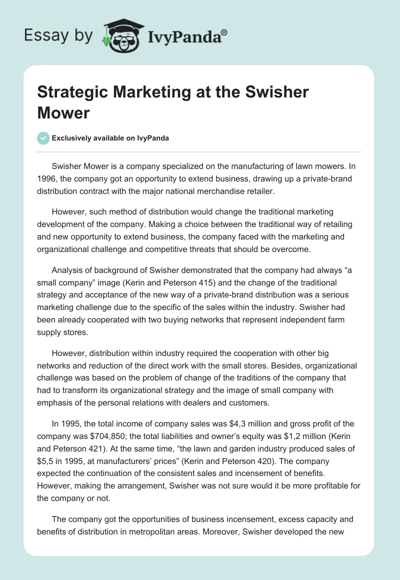 Strategic Marketing at the Swisher Mower. Page 1