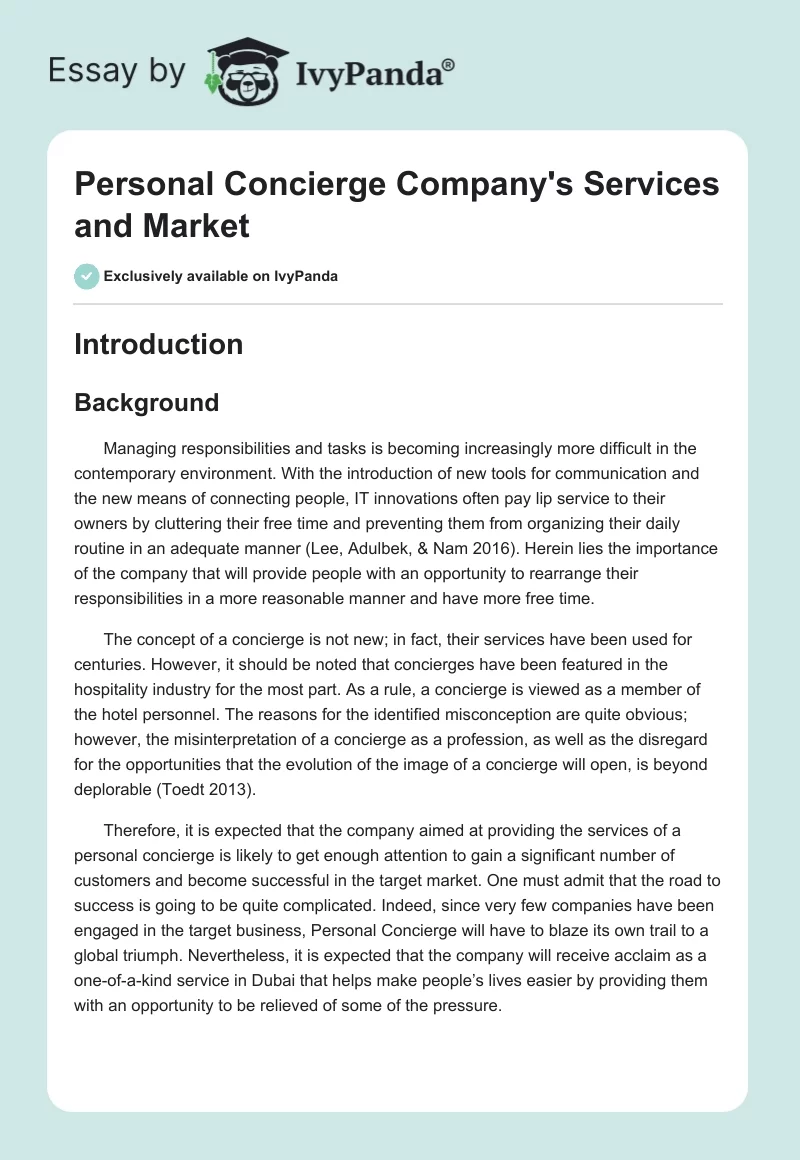 Personal Concierge Company's Services and Market. Page 1