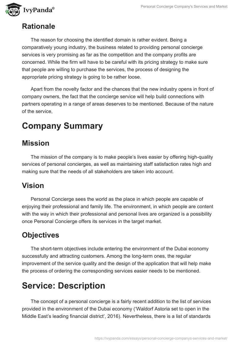 Personal Concierge Company's Services and Market. Page 2