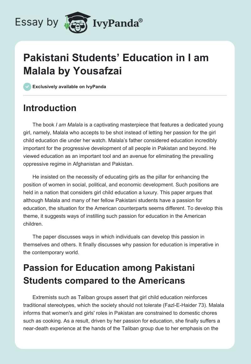 Pakistani Students’ Education in "I am Malala" by Yousafzai. Page 1